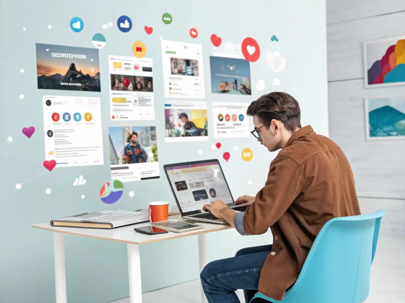 A content creator working on a laptop with various content types displayed around, symbolizing Marco Agency's content creation capabilities.