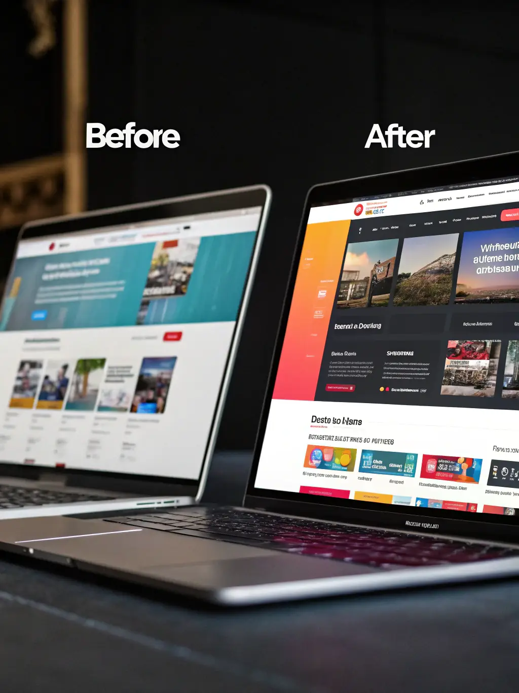 A before-and-after comparison of a website's design, showcasing Marco Agency's ability to transform a dated site into a modern, user-friendly platform.